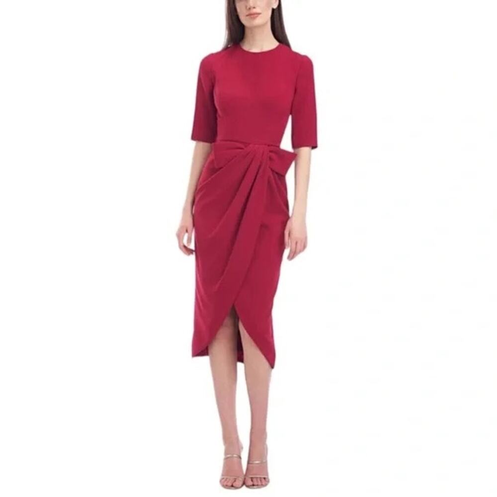 Kay Unger Mireya Ruby Red Knee Length Pleated Bow Waist Midi Cocktail Dress 4